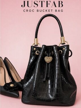 JustFab Black Croc Embossed Bucket Bag Gold Hardware